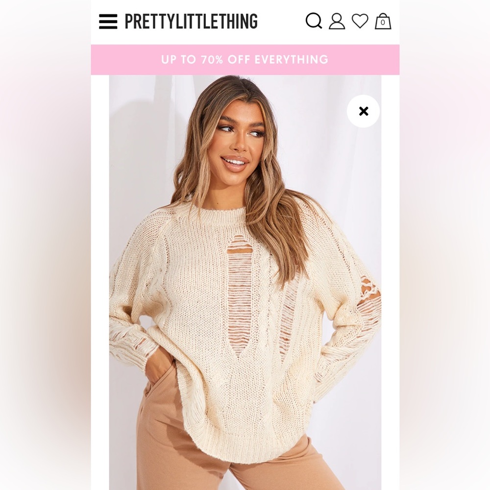 PrettyLittleThing distressed cable knit round neckline sweater! Size S